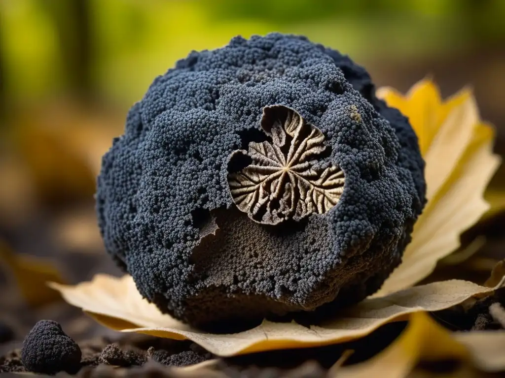 Detalles de una trufa negra madura de Perigord, resaltando su belleza natural en un fondo de hojas caídas en el suelo del bosque