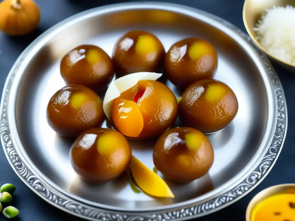 Detalles ultradelicados de Gulab Jamun cubiertos de sirope dorado y pistachos triturados