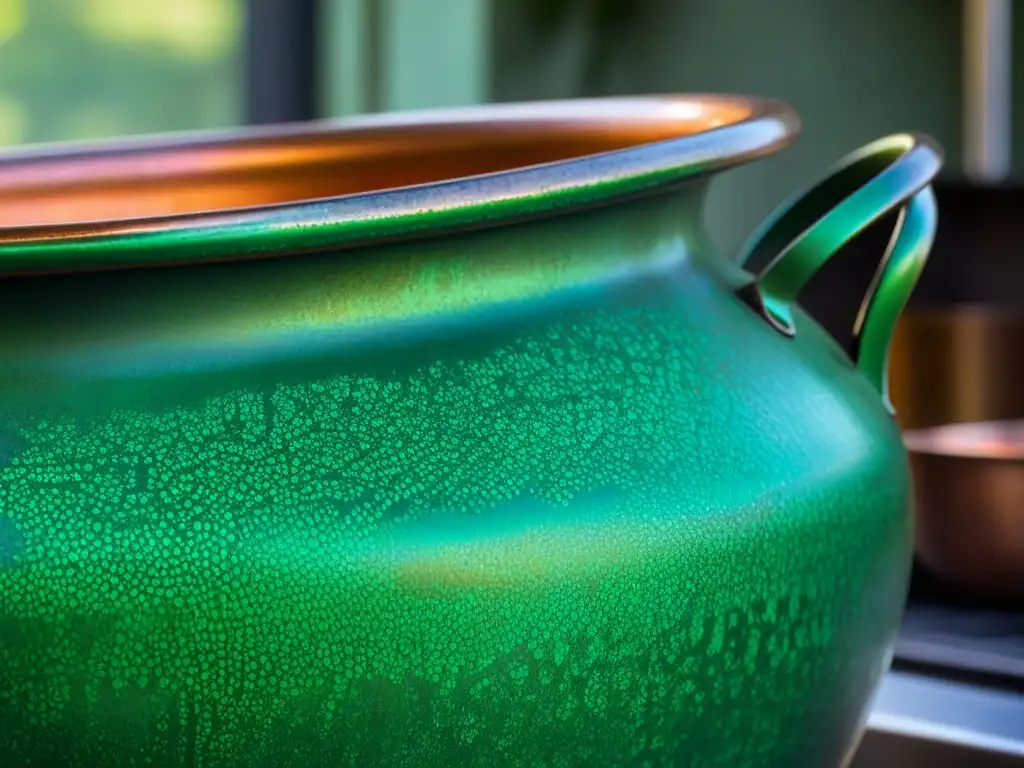 Detalles únicos de una antigua olla de cobre con pátina verdigrís, fusionando historia y modernidad en la cocina