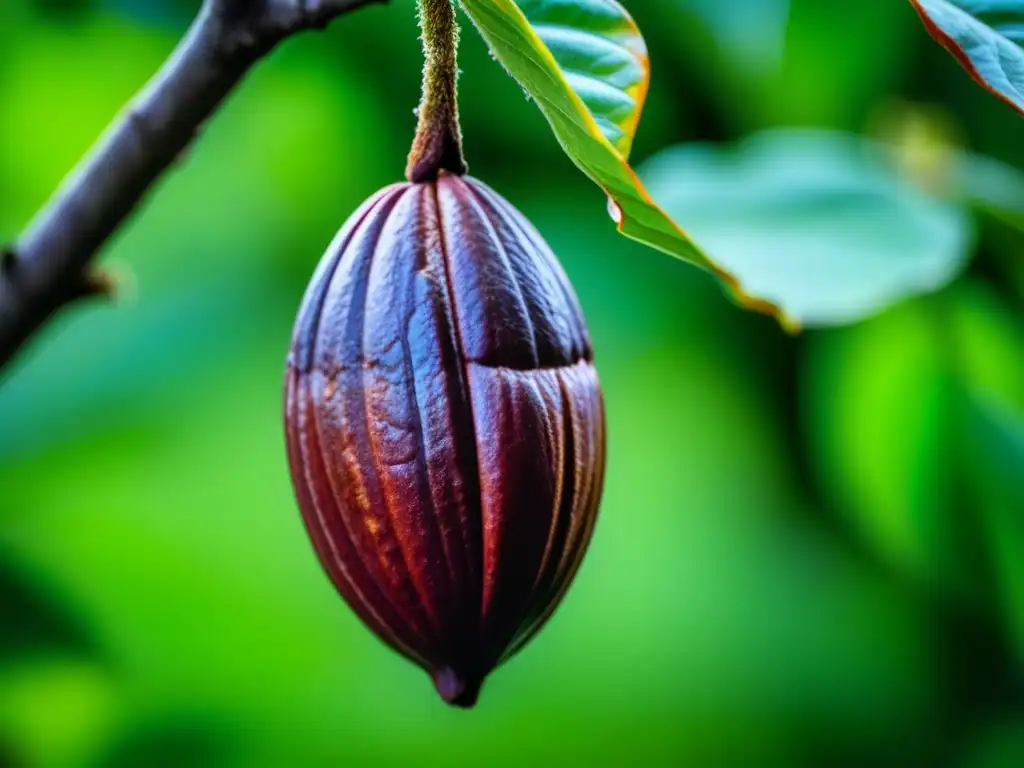 Detalles únicos de un cacao maduro en su árbol, reflejando la historia del cacao en recetas