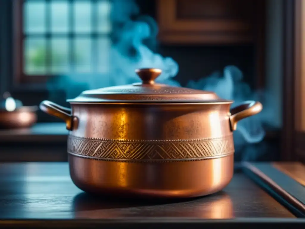 Detalles únicos de una olla de cobre desgastada en cocina histórica