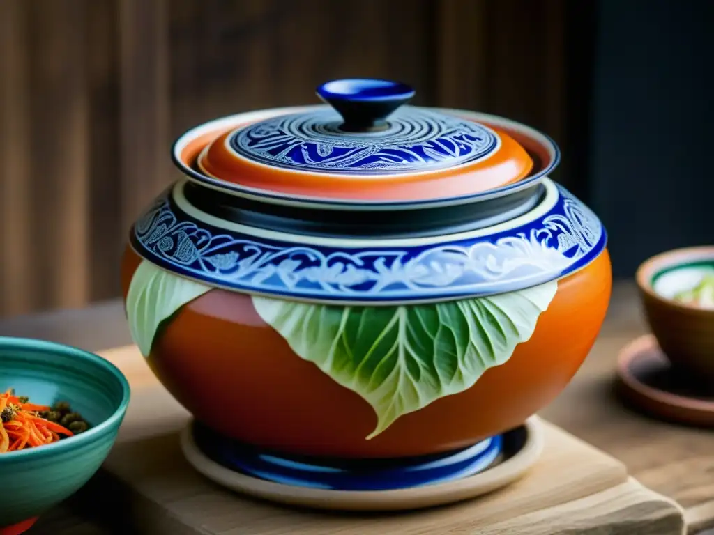 Olla tradicional coreana para kimchi: detalle único de la fermentación Detalles únicos de la tradicional olla coreana de kimchi, rodeada de ingredientes coloridos, reflejando la fermentación en la cocina sostenible