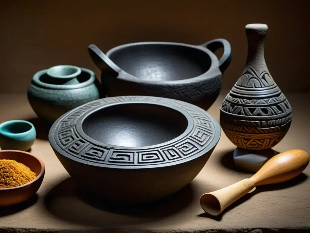 Detalles únicos de utensilios de cocina mesoamericanos antiguos como molcajetes, metates y comales, revelando texturas, patrones y marcas de uso