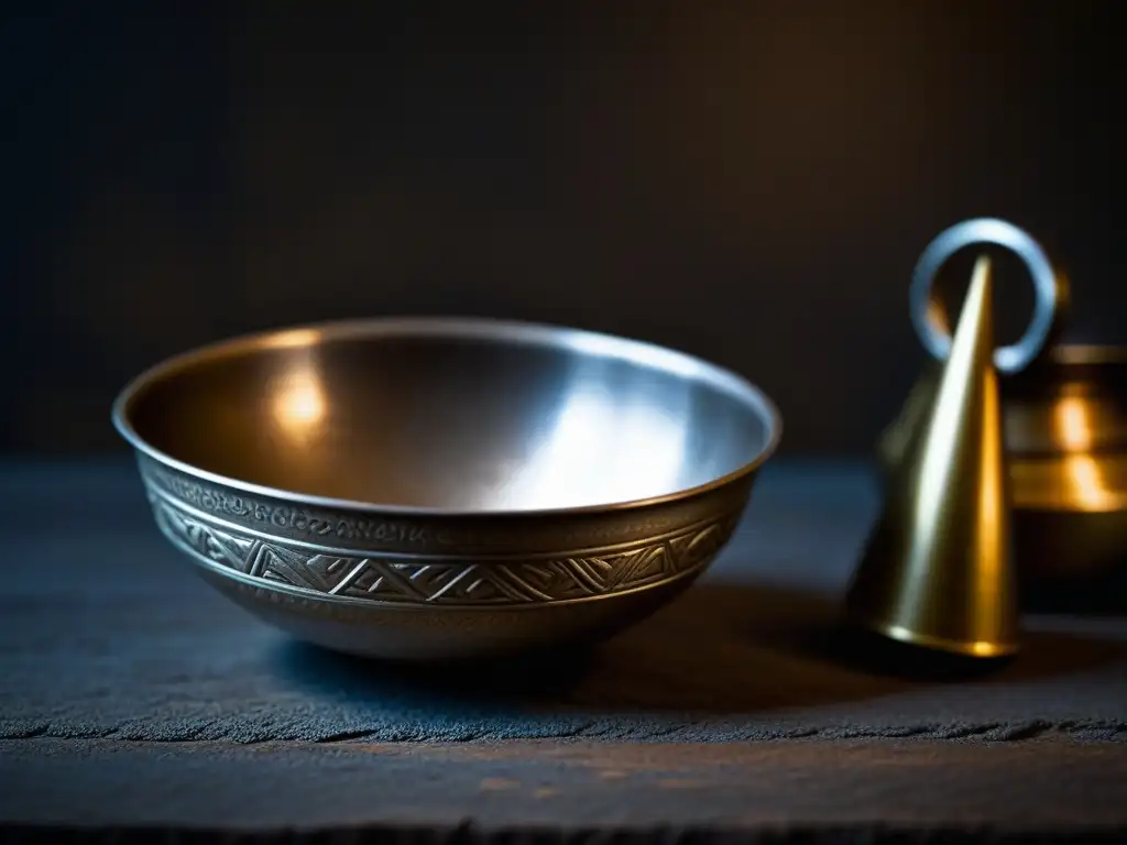 Detalles de un utensilio histórico en la cocina romana, con grabados y texturas desgastadas, en un ambiente rústico y oscuro