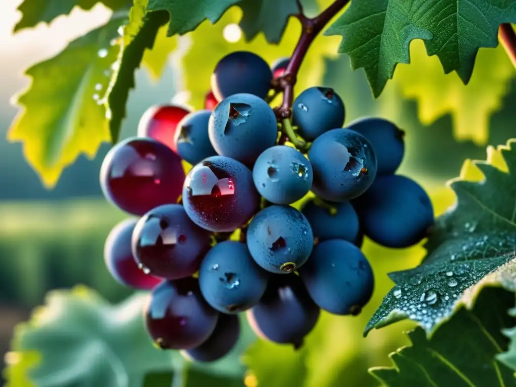 Detalles de uvas rojas maduras con rocío en viñedo, historia vinos impacto cultural