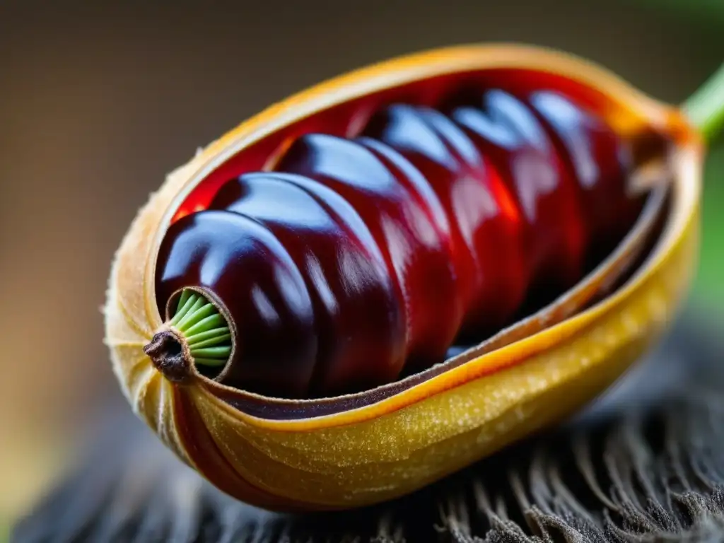 Detalles de una vaina de tamarindo rojo abierto, revelando su pulpa brillante y semillas, ideal para postres americanos con ingredientes caribeños