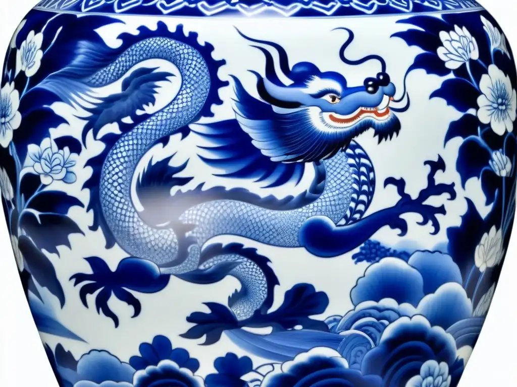 Detalles de una vasija de porcelana china de la dinastía Ming, con símbolos tradicionales en azul y blanco representando poder, armonía y pureza