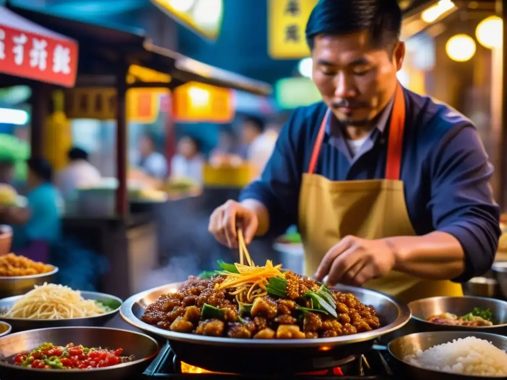 Detalles de un vendedor callejero en un mercado nocturno de Taiwán, creando un plato tradicional taiwanés con ingredientes vibrantes