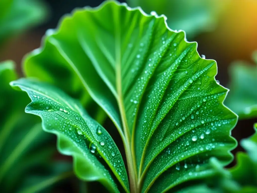 Detalles verdes de lechuga con rocío, brillando bajo el sol en un huerto próspero, rol huertas autosuficiencia histórica