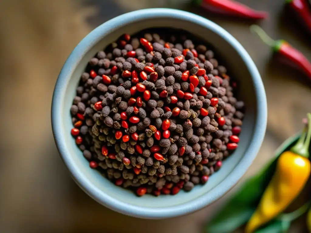 Detalles vibrantes de achiote, chiles, orégano y cacao en olla maya