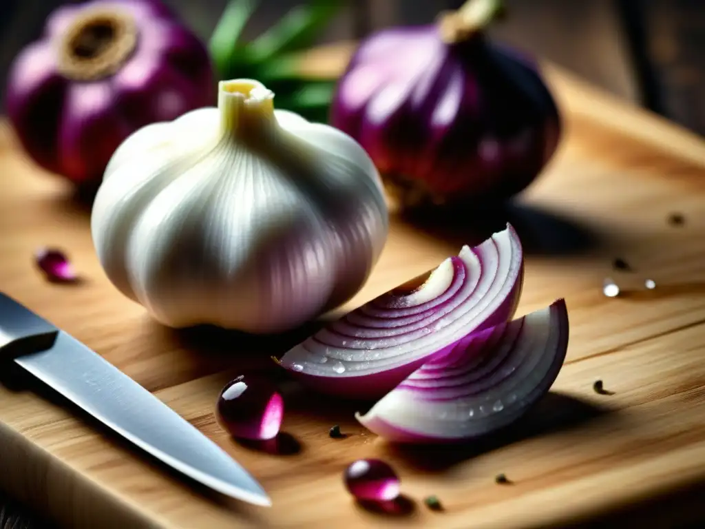 Detalles vibrantes de ajo, cebolla y agua brillando en remedios naturales gripe abuela celta