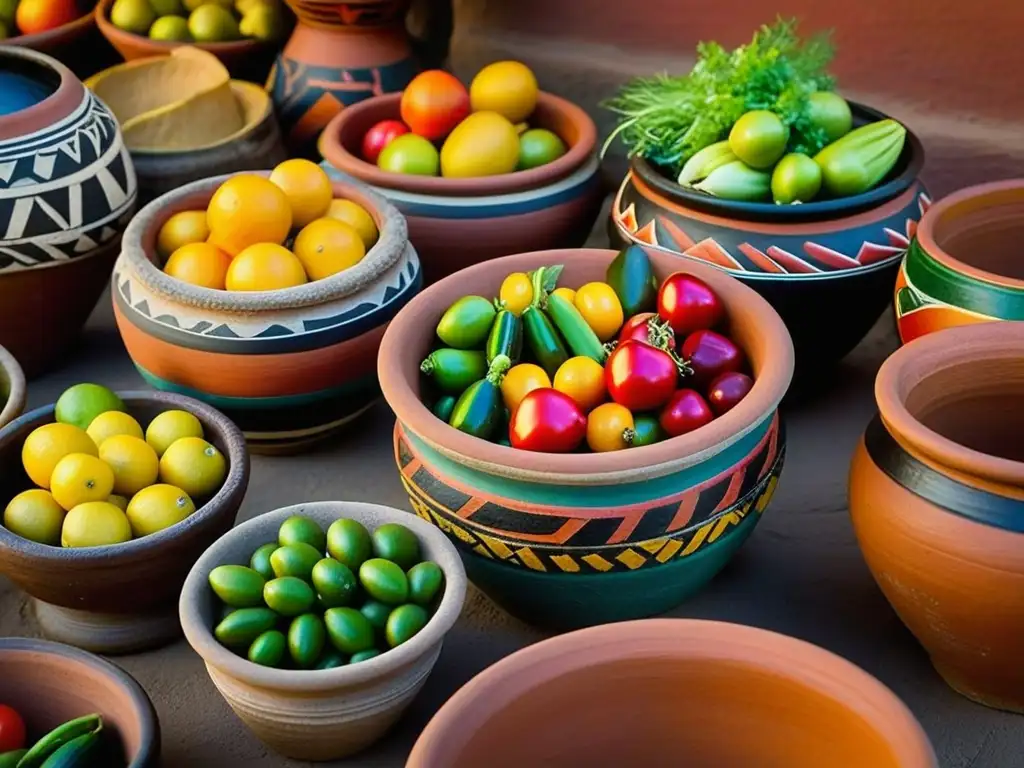 Detalles vibrantes de alimentos en vasijas de barro, preservación alimentos época azteca