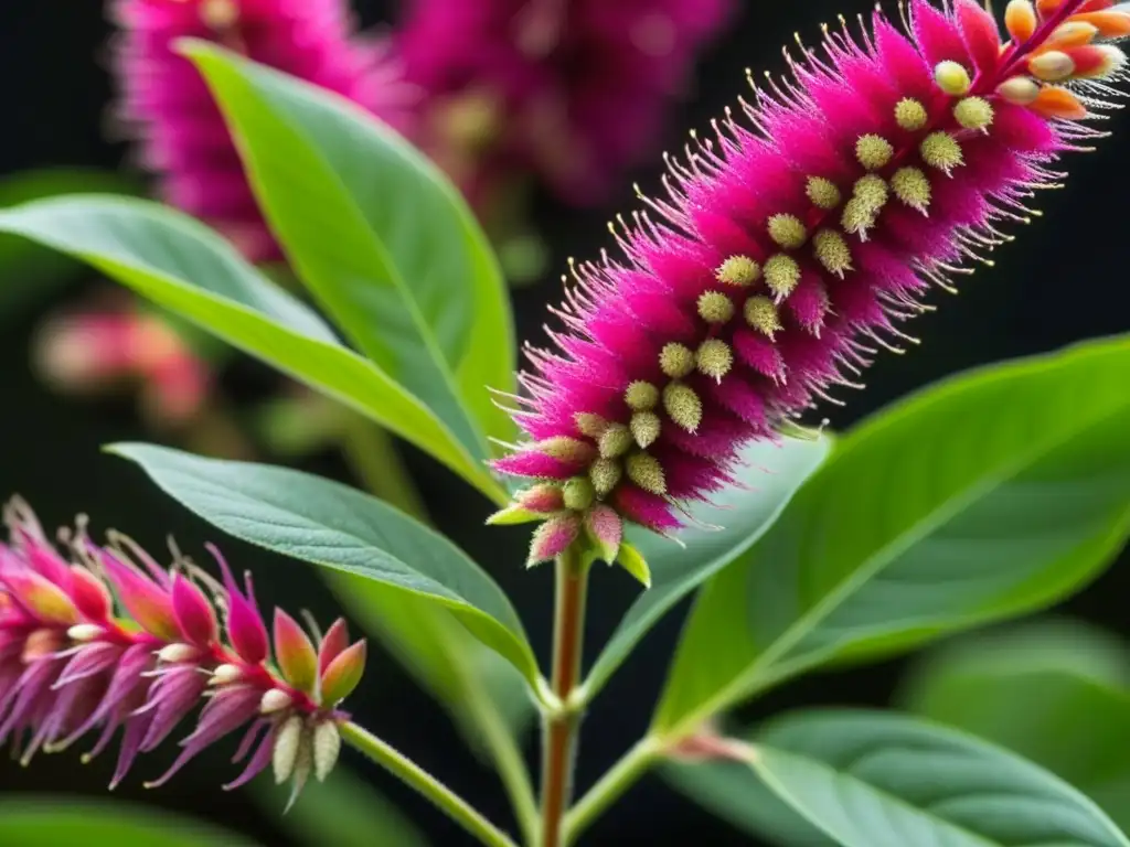Detalles vibrantes de la planta de amaranto: una joya nutricional azteca Detalles vibrantes de amaranto: hojas coloridas, flores delicadas y semillas en grupo