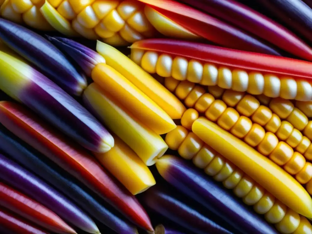 Detalles vibrantes del maíz ancestral en amarillo, morado y rojo, destacando la importancia cultural maíz cocina prehispánica