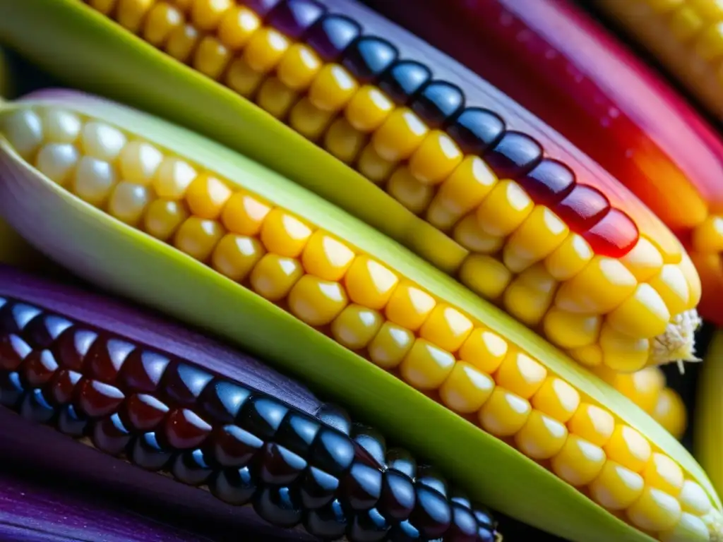 Detalles vibrantes de maíz ancestral en amarillo, rojo y morado