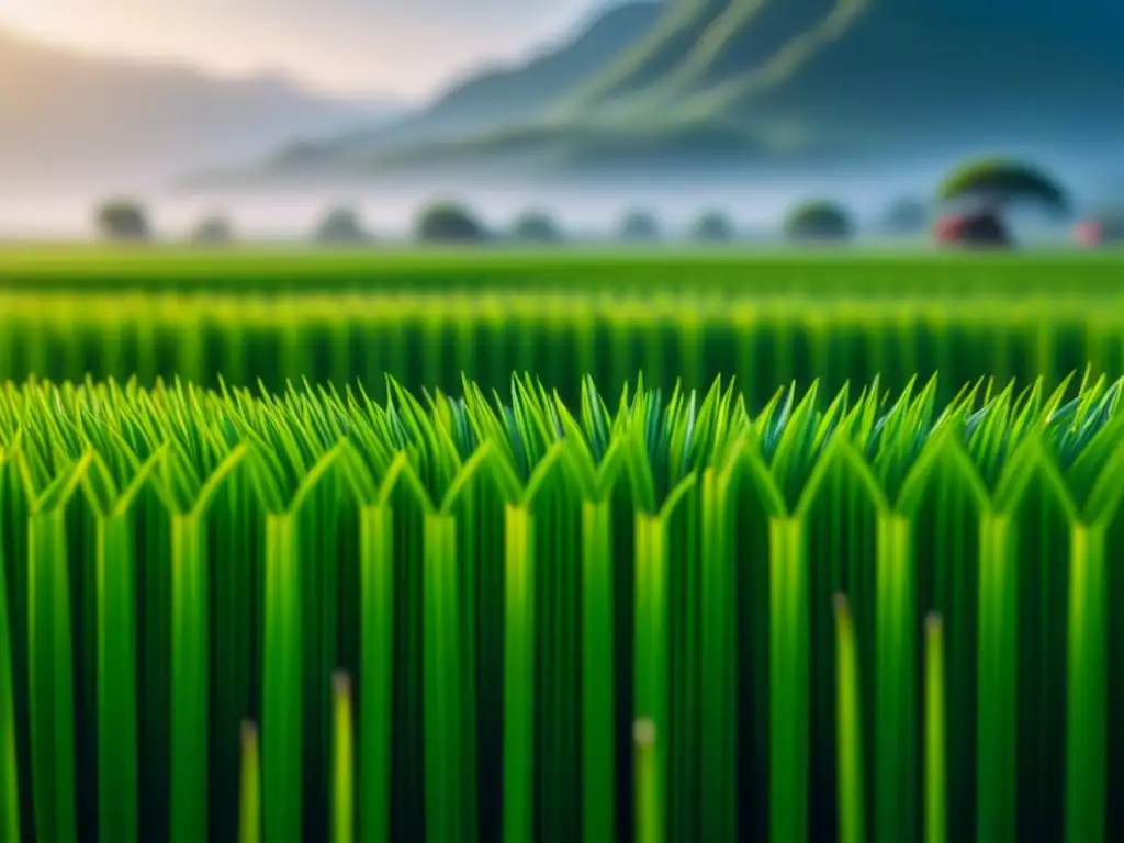 Detalles vibrantes de un arrozal verde en África, resaltando la historia y cultura del arroz en la región