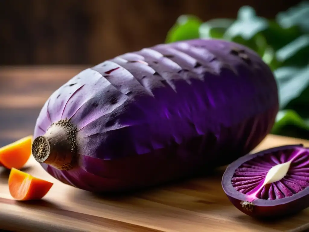 Detalles vibrantes de una batata morada sobre tabla rústica, con luz natural