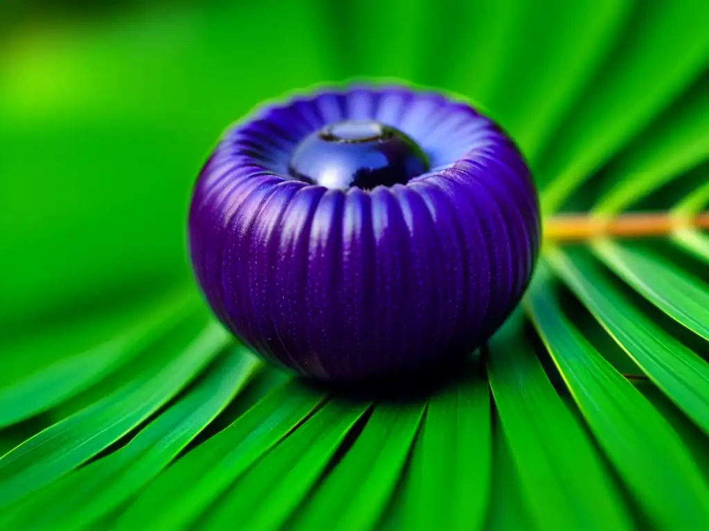 Detalles vibrantes de una baya de açaí púrpura sobre hojas de palma en la selva amazónica