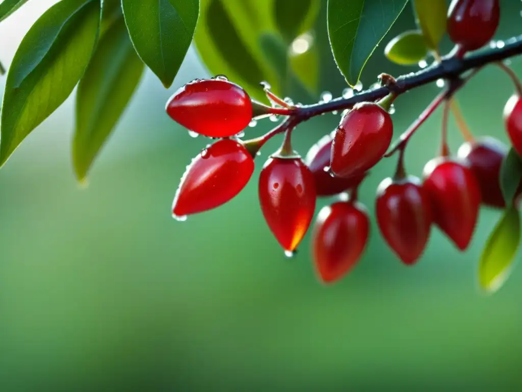 Detalles vibrantes: Goji berries maduros con rocío matutino Detalles vibrantes de bayas de goji maduras en rama, con rocío matutino bajo la luz suave