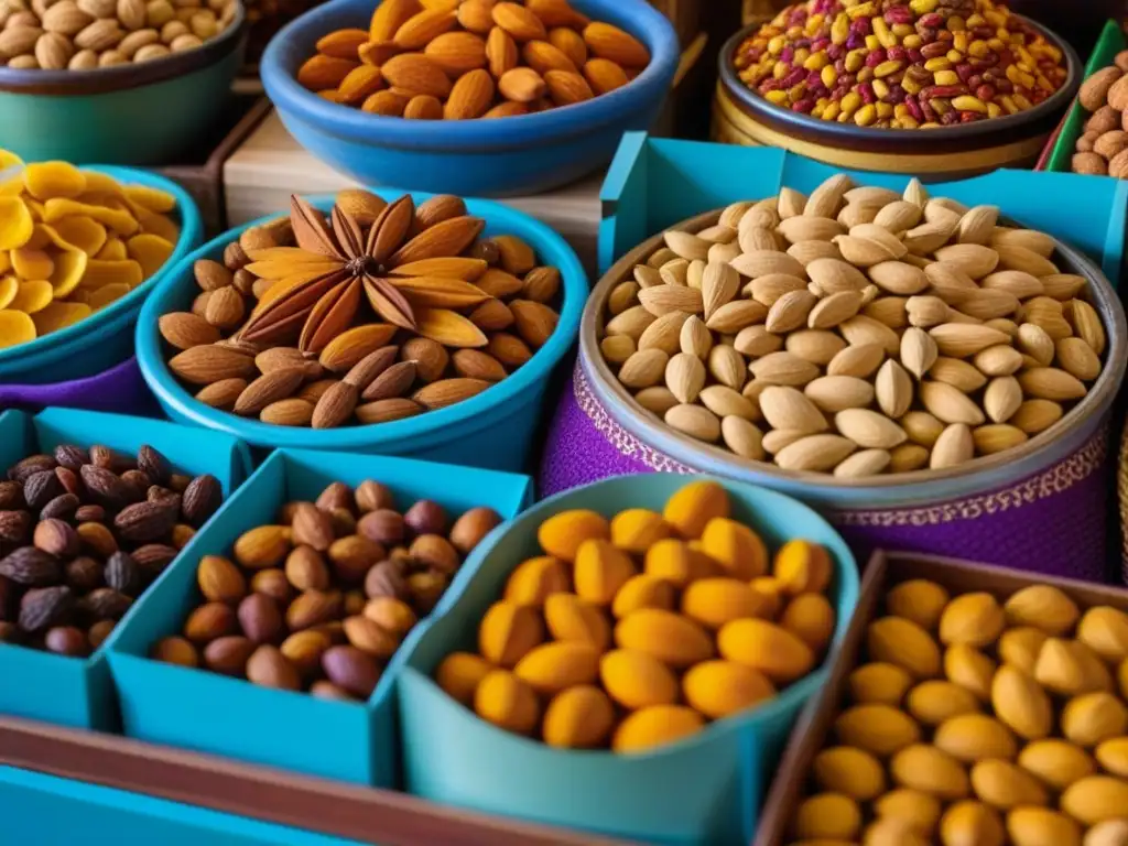 Detalles vibrantes de un bullicioso mercado de especias en la historia de Asia, con frutos secos y frutas secas