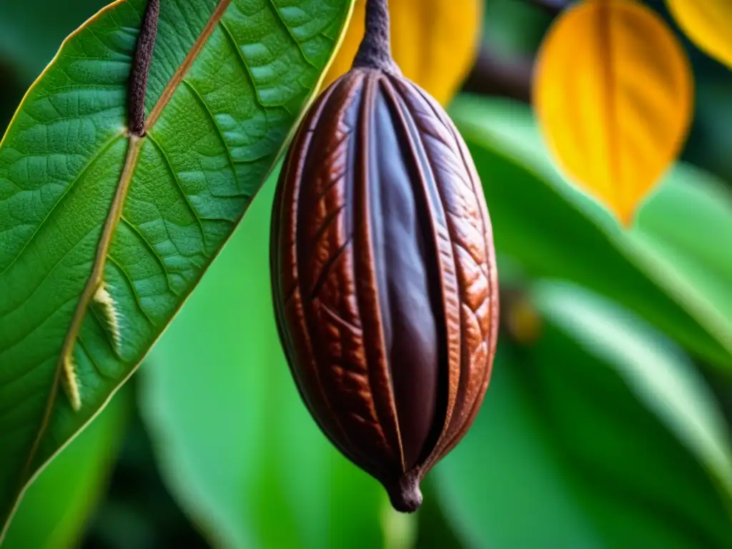 Detalles vibrantes de un cacao en su árbol, origen histórico beneficios chocolate