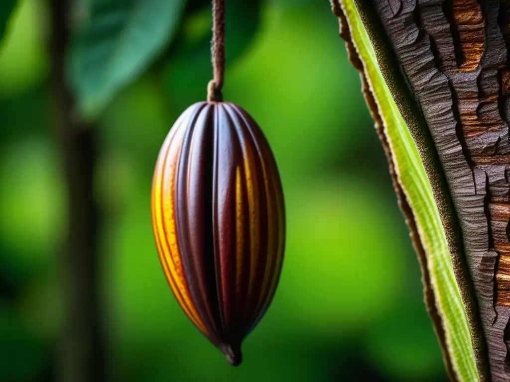 Detalles vibrantes de un cacao en su árbol, resaltando la historia del cacao en recetas