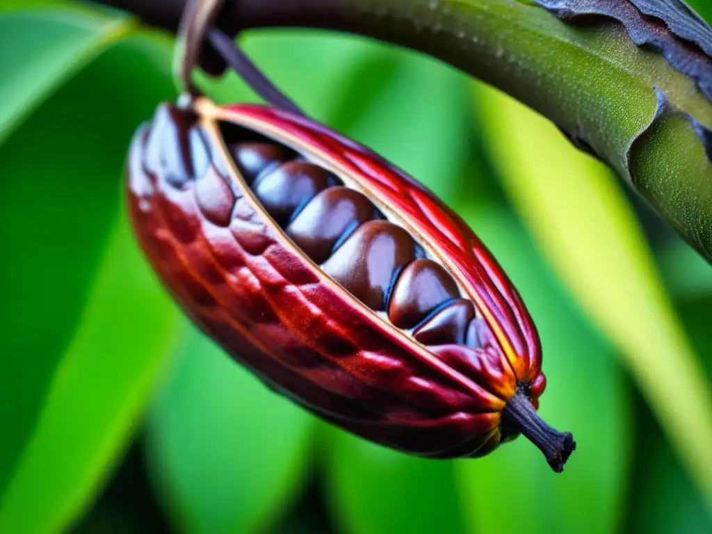 Detalles vibrantes de un cacao maduro en árbol, resaltando su textura y colores, historia cacao beneficios recetas cultura