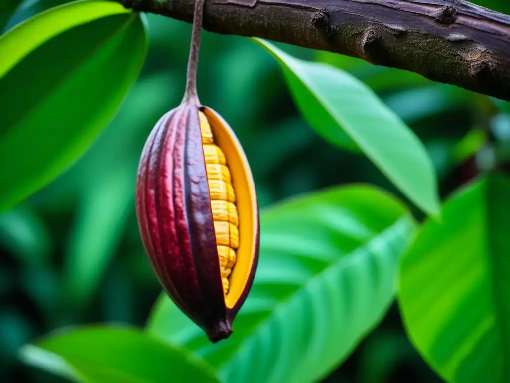 Detalles vibrantes de un cacao maduro en un árbol, evocando la historia, beneficios y cultura de este ingrediente esencial