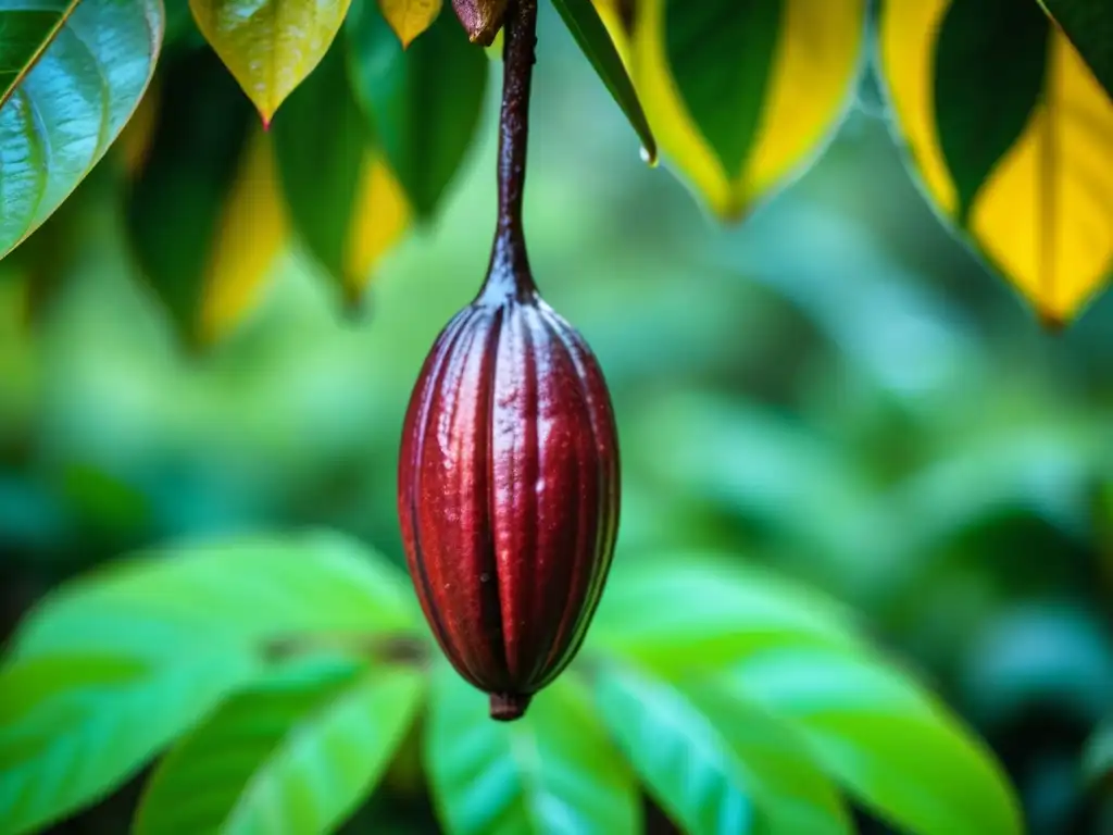 Detalles vibrantes de un cacao maduro colgando en una plantación exuberante, evocando la historia del cacao en Europa