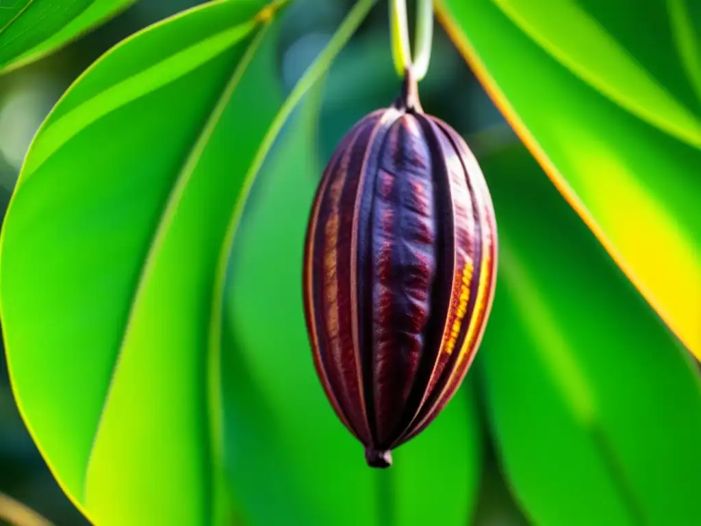 Detalles vibrantes de un cacao maduro en un árbol, con hojas verdes y luz filtrada, resaltando la historia del cacao en América