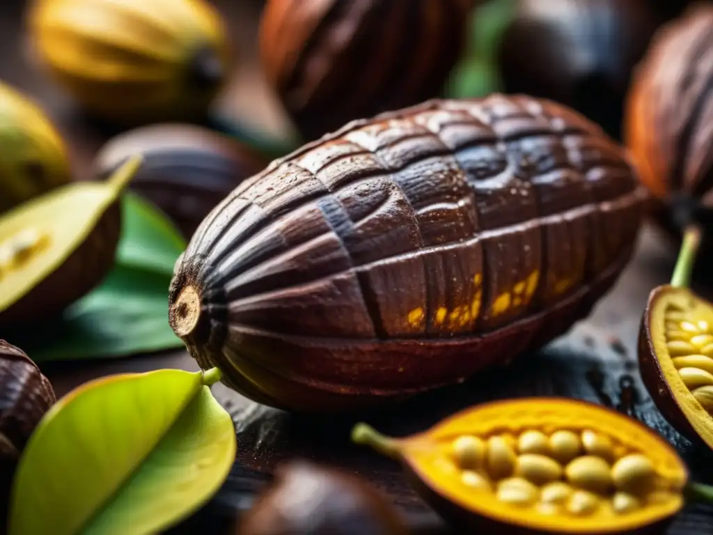 Detalles vibrantes de cacao recién cosechado en Latinoamérica, con agua brillante al sol