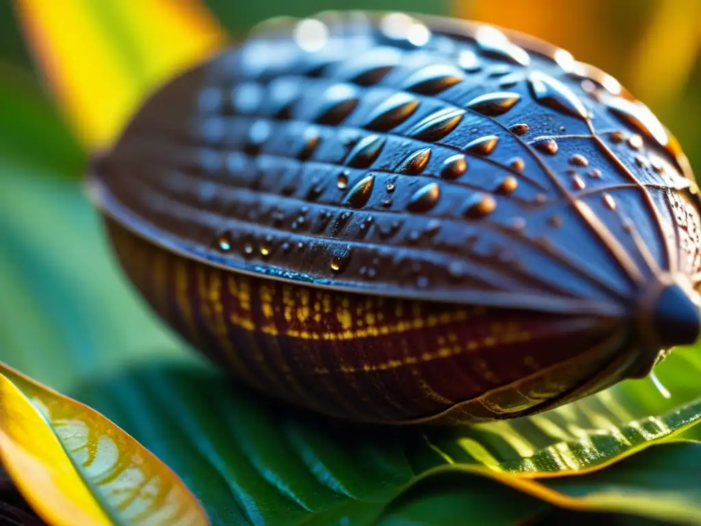 Detalles vibrantes de un cacao recién cosechado, resaltando su belleza cruda