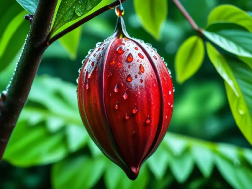 Detalles vibrantes de un cacao rojo rodeado de hojas verdes, brillante con rocío matutino