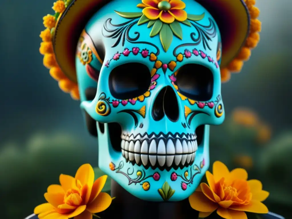 Detalles vibrantes de una calavera de azúcar decorada, con flores de cempasúchil