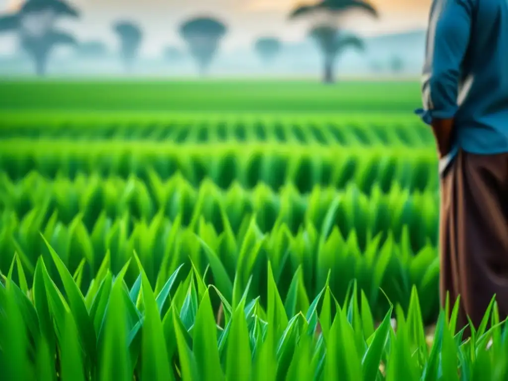 Detalles vibrantes de un campo de arroz verde en África, resaltando la historia y cultura de la agricultura de arroz en el continente