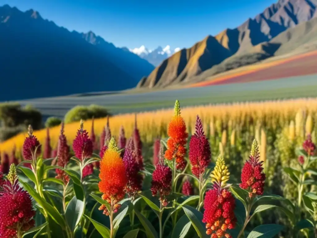 Detalles vibrantes de un campo de quinua Inca, resaltando la importancia cultural de los granos andinos en la dieta