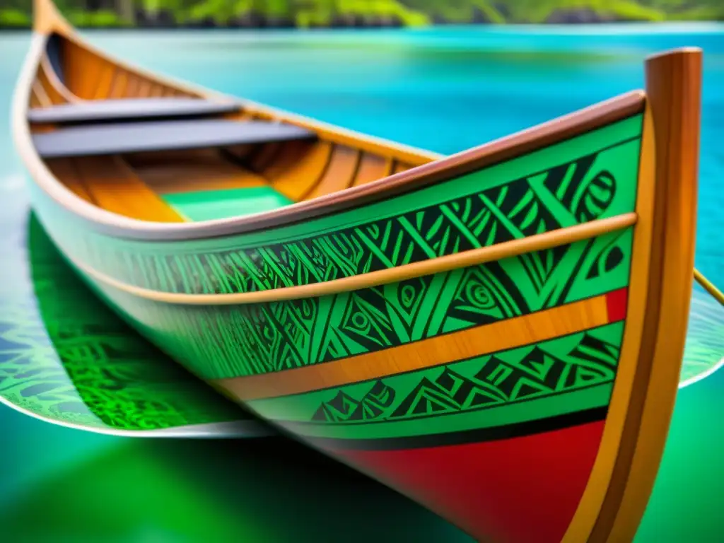 Detalles vibrantes de una canoa polinesia navegando en aguas cristalinas entre islas verdes