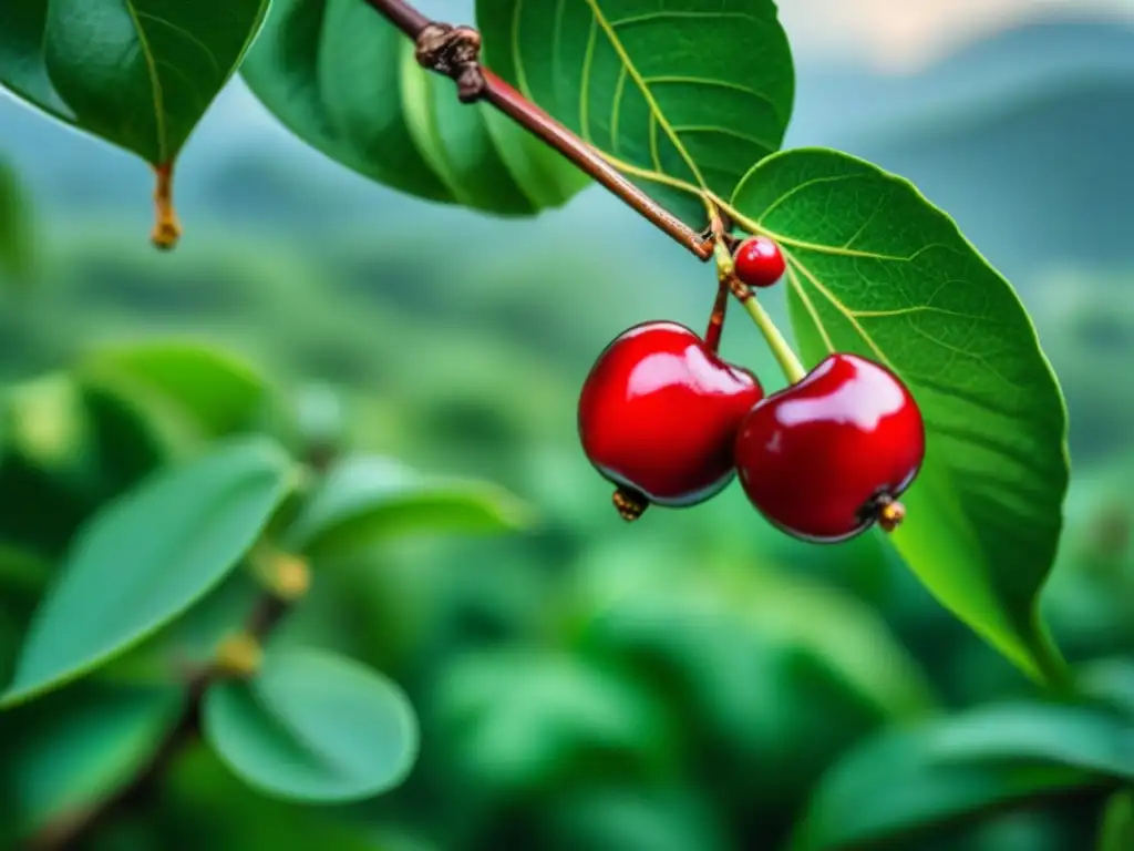 Detalles vibrantes de una cereza de café roja en una plantación brasileña, Café brasileño en América