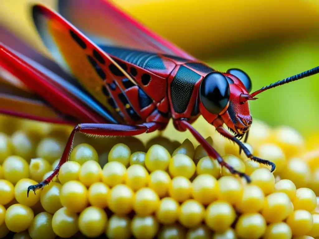 Detalles vibrantes de un chapulín rojo sobre maíz dorado