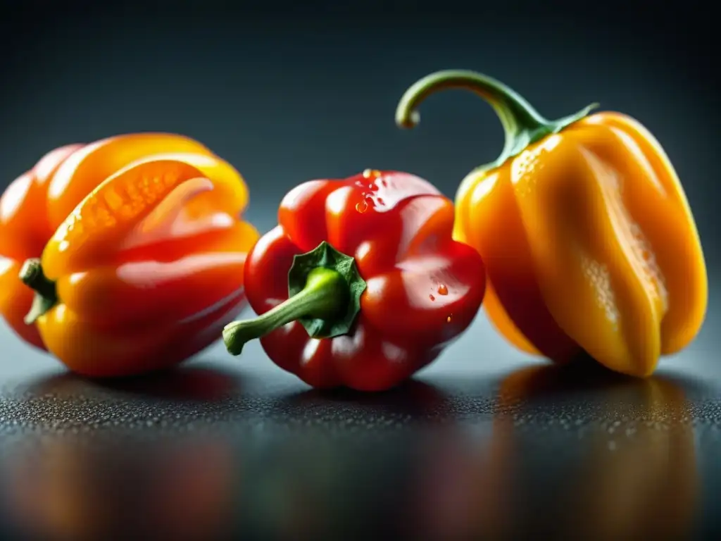 Detalles vibrantes de chiles caribeños historia cocina: habanero rojo y scotch bonnet naranja, con textura y semillas destacadas