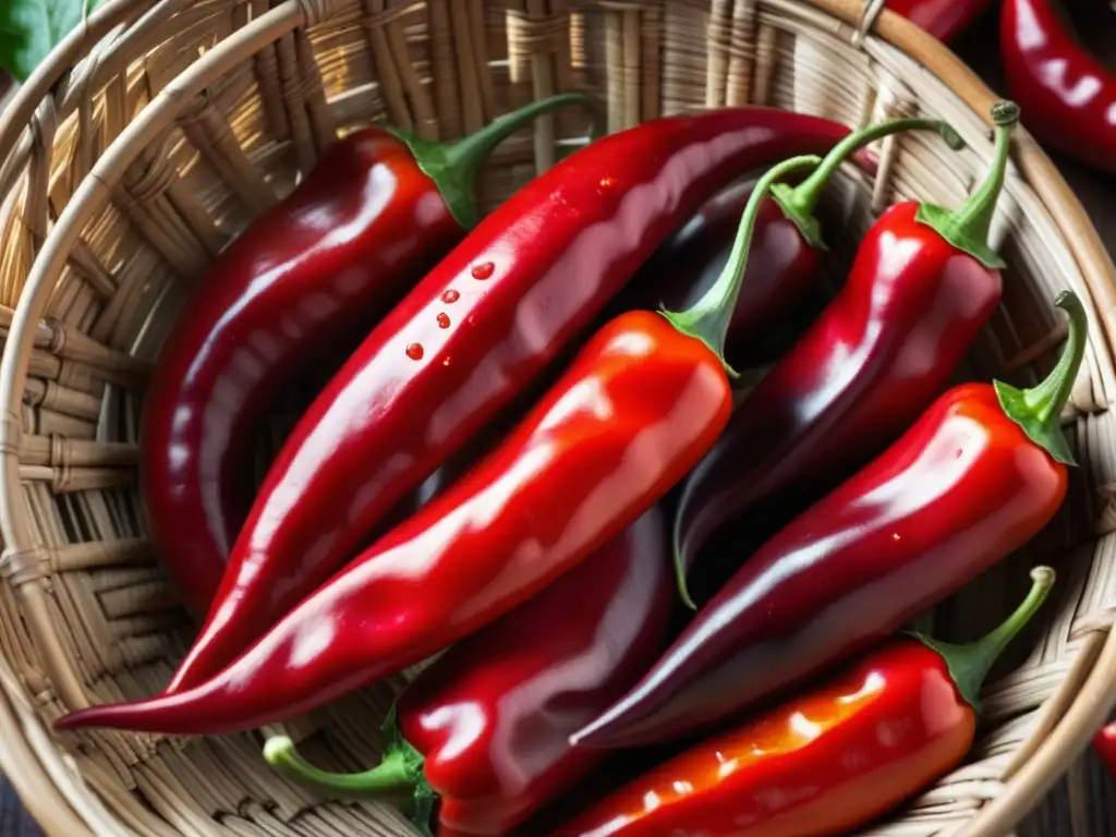 Detalles vibrantes de chiles rojos en cesta tejida Maya, resaltando frescura