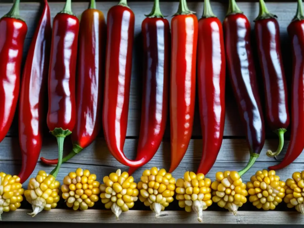 Detalles vibrantes de chiles rojos y maíz dorado en un antiguo rack de secado, influencia métodos antiguos secado alimentos