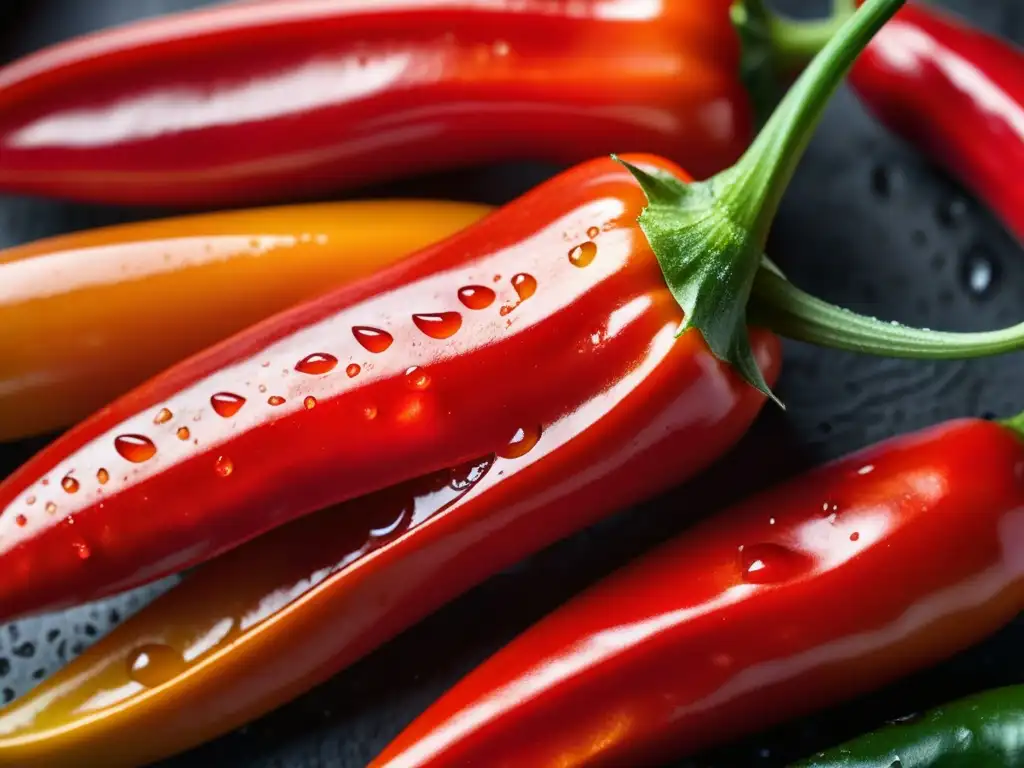 Detalles vibrantes de chiles rojos recién cosechados, brillando bajo el sol matutino