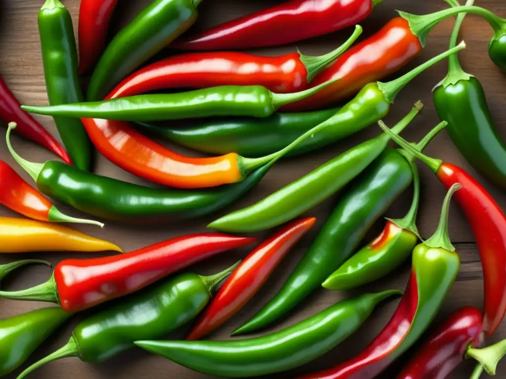 Detalles vibrantes de chiles rojos y verdes de la cocina Maya