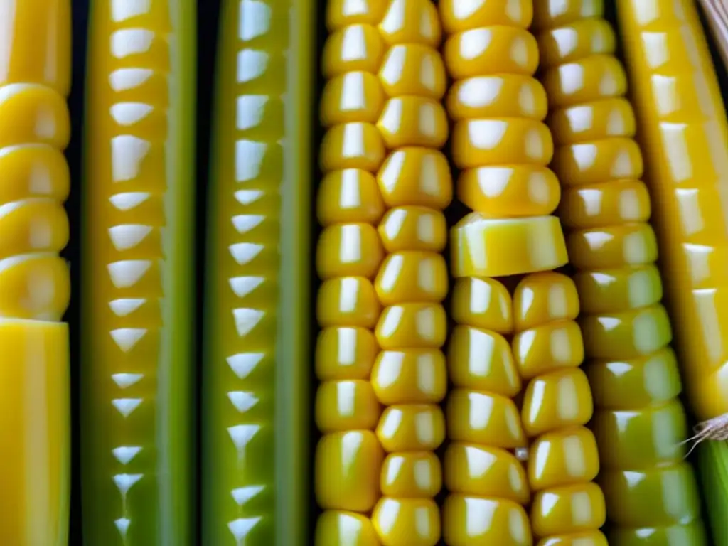 Detalles vibrantes del choclo amarillo, simetría perfecta y textura destacada