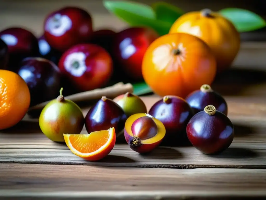 Detalles vibrantes de chontaduro y camu camu en mesa de madera rústica