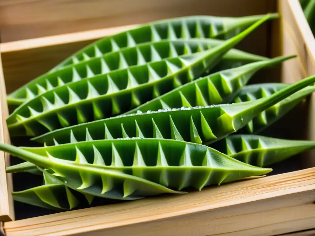 Detalles vibrantes de okra recién cosechada en caja de madera rústica