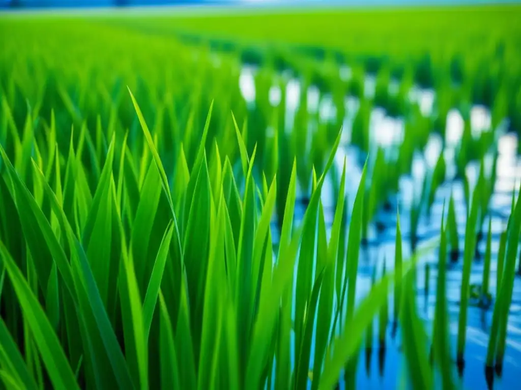 Detalles vibrantes del cultivo de arroz en América: campos verdes de arroz bajo cielo azul, con gotas de agua brillando al sol