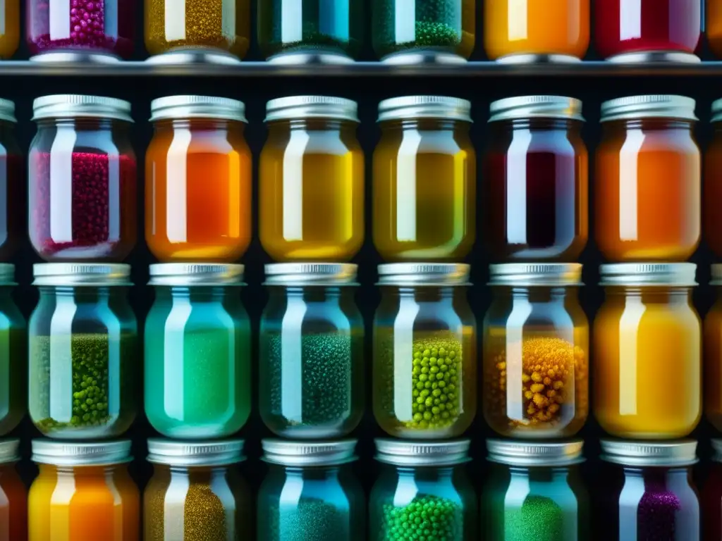 Microorganismos coloridos fermentando en frascos de vidrio Detalles vibrantes de cultivos microbianos coloridos en frascos de vidrio, capturando la esencia de la fermentación en la cocina sostenible