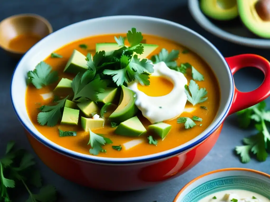 Detalles vibrantes de una deliciosa sopa tarasca mexicana con aguacate, queso y crema, evocando calidez y comfort